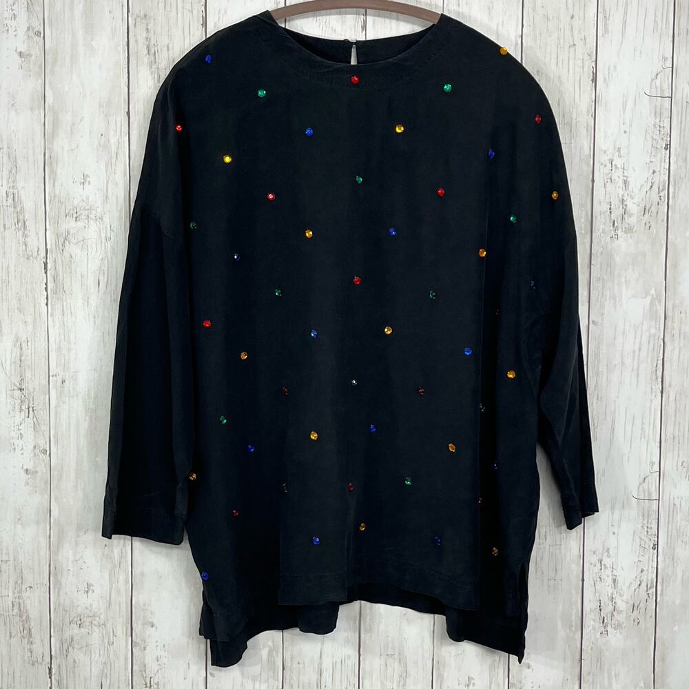 Vintage Black Silk 3/4 Sleeve Rainbow Polka Dot Stones Blouse Shirt Medium